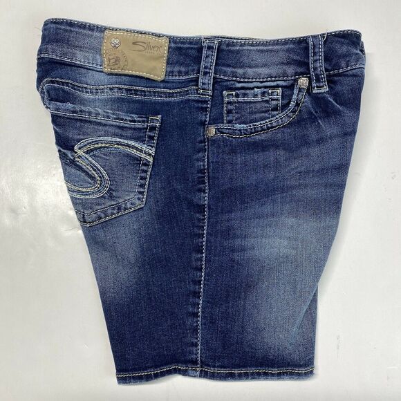 Silver Suki Mid Shorts Sz 27 (28"Waist) Stretch Denim Jean Dark Wash Distress - Picture 11 of 12
